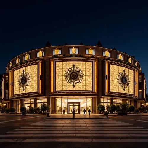 Ornate Art Deco stadium facade, geometric patterns, metallic accents, zigzag motifs, sunburst designs, bold typography, luxurious materials, grand entranceways, sweeping curves, symmetrical compositio