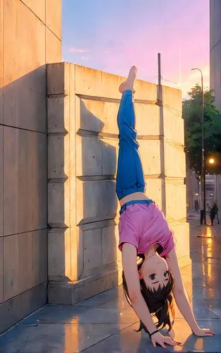 A stunning photography full body of a beautiful caucasian girl 23 years old, wearing a pink T-shirt and blue shorts stand up in a street making a split whit a leg in the wall and whit the arms, touchi