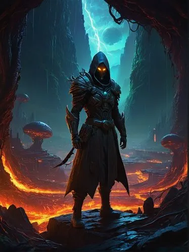 In this dark fantasy scene, an enigmatic figure stands amidst a fiery, apocalyptic landscape, holding a forbidden fruit that emits a sinister, otherworldly glow. The atmospheric vibe of the scene is i