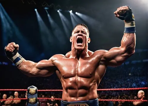 John Cena, muscular man, wrestling superstar, intense facial expression, cauliflower ears, short blonde hair, sweat droplets on forehead, ripped muscles, tight wrestling singlet, championship belt, fl