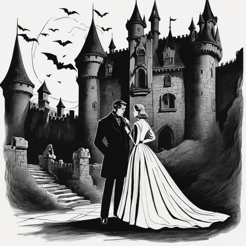 ghost castle,haunted castle,bram stoker,vintage couple silhouette,vintage illustration,castles,wedding invitation,a fairy tale,fairy tale,fairy tales,fairy tale castle,wedding icons,fairytale,silver wedding,magic castle,dracula,castle of the corvin,wedding couple,bride and groom,halloween illustration,Illustration,Retro,Retro 04