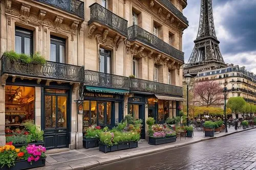 Historic Parisian architecture, grandiose building facade, intricate stone carvings, ornate balconies, Baroque style, Haussmannian boulevard, iron wrought gates, cobblestone pavement, street lamps, Ei