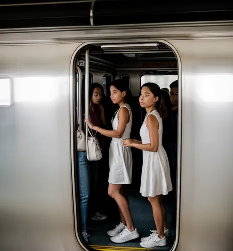 She is in the train car.  She wears white sneakers and a light summer dress.  The car is packed with people and looks blurry.,citytrain,straphangers,subways,subway system,sky train,commuters,korea sub