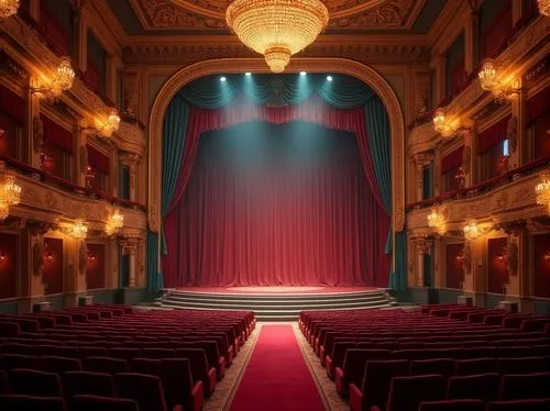 Theater interior, luxurious velvet curtains, heliotrope-colored walls, ornate golden frames, crystal chandeliers, red carpet, grand staircase, balconies, opera house-style seating, dramatic spotlights