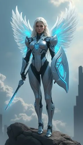 Full-body character design of a tall, athletic woman with Nordic features and platinum blonde hair in a complex warrior's braid. Wears sleek, modernized Valkyrie armor in silver and blue, with energy 