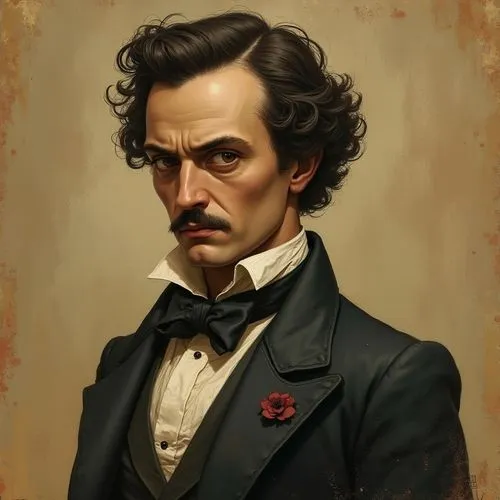 A d&d tan-skinned human noble with a stain on his lapel. Edgar Allen Poe look.,a painting of the famous actor in black suit,poe,swearengen,vazov,kirsanov,vedernikov,eminescu