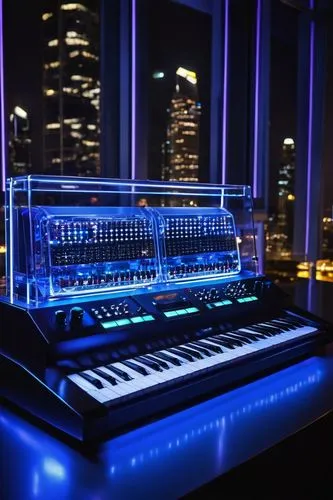 Electronic music device, futuristic synthesizer, metallic body, glowing blue buttons, LED lights, intricate circuitry, sleek design, studio setting, dark background, spotlights shining down, 3/4 compo