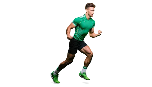 Number 4, green jersey, athletic wear, muscular man, fit body, strong legs, sporty shoes, dynamic pose, action shot, shallow depth of field, vibrant color tone, soft lighting, 3/4 composition, close-u