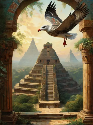 chichen-itza,quetzal,chichen itza,aztec gull,bird kingdom,maya civilization,aztec,step pyramid,pyramids,bird bird kingdom,pachamama,eastern pyramid,the ancient world,pyramid,ancient egypt,yucatan,horus,freemasonry,fantasy picture,mesoamerican ballgame,Conceptual Art,Fantasy,Fantasy 05