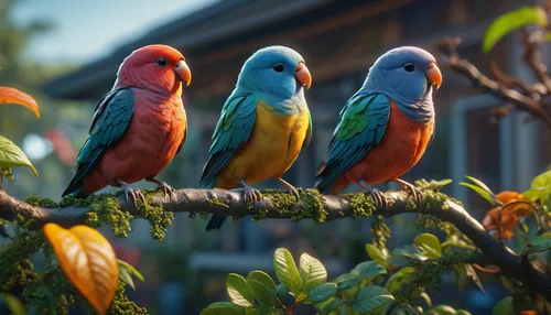 2 colorful lovebirds standing on a tree branch in the middle of a home garden,colorful birds,rare parrots,parrots,golden parakeets,tropical birds,passerine parrots,parrot couple,parakeets,sun conures,