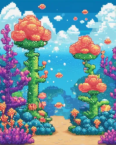 mushroom island,mushroom landscape,coral reef,aquarium,fairy world,underwater oasis,fairy forest,ocean paradise,bubblegum coral,underwater landscape,coral reefs,floating islands,coral,coral fish,pixel art,pixel cells,springtime background,fairy village,biome,artificial island,Unique,Pixel,Pixel 02