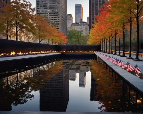 Memorial architecture, 9/11 tribute, New York City, twin towers remains, eternal flame, black granite walls, inscribed names, reflection pools, autumn trees, Liberty Street, Vesey Street, somber atmos