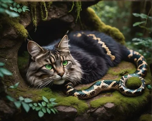 Serpens Cattus, fantasy creature, half snake half cat, shiny scales, green eyes, whiskers, furry ears, curled up body, lying on ancient ruins, mystical forest, twisted vines, moss-covered stones, warm