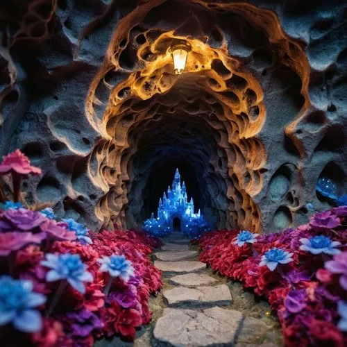 tunnel of plants,grotto,labyrinthian,plant tunnel,mandelbulb,tunnel,catacombs,gaudi,wall tunnel,caverns,blue caves,the blue caves,cavern,blue cave,park güell,hollow way,labyrinth,subterranean,cave,3d fantasy