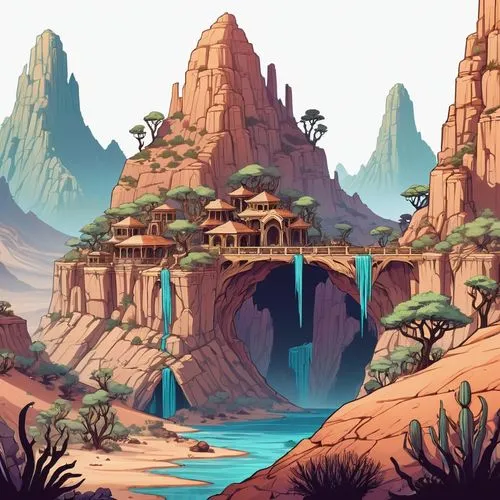 cartoon video game background,futuristic landscape,karst landscape,background design,ancient city,oasis,Illustration,Abstract Fantasy,Abstract Fantasy 11