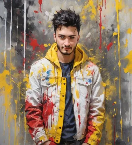 yellow background,joji,abderahmane,parka,portrait background,artist portrait,Photography,Realistic