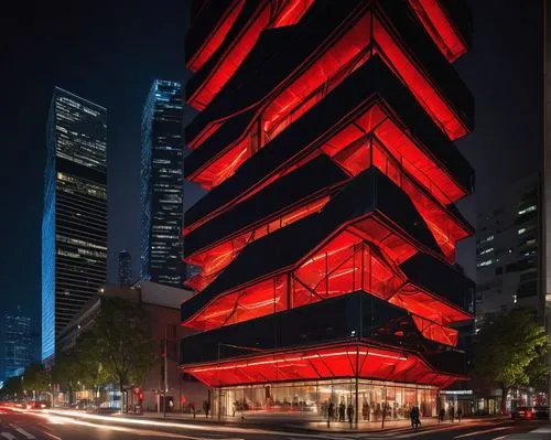 Bernard Tschumi architecture, Deconstructivist style, irregular shape, asymmetrical composition, complex geometric structure, abstract design, bold red color, glass façade, steel beams, concrete walls