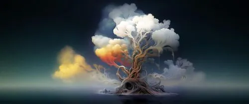 a big explosion of smoke from a tree and water,fire and water,elemental,exploding,explode,krakatoa,eruption