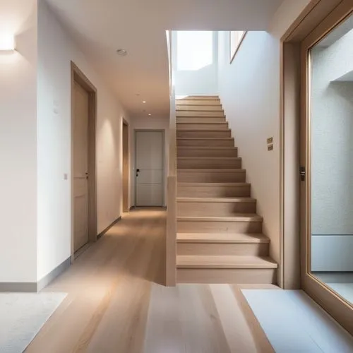 a wood floor and stair case in a home,hallway space,wooden stairs,wooden stair railing,hardwood floors,outside staircase,hallway,Photography,General,Realistic