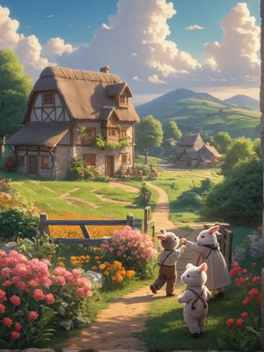 studio ghibli,home landscape,rural landscape,farm background,clover meadow,farm landscape,the farm,countryside,idyll,springtime background,heidi country,village life,meadow in pastel,blooming field,rural,country cottage,meadow landscape,country side,alpine village,summer meadow