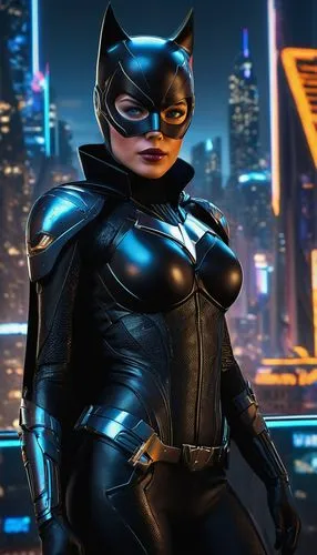 the skyline of Gotham is depicted in a mesmerizing display of neon lights and futuristic architecture. A sleek catwoman with piercing blue eyes gazes intently into mid-air, her black armor suit shimme