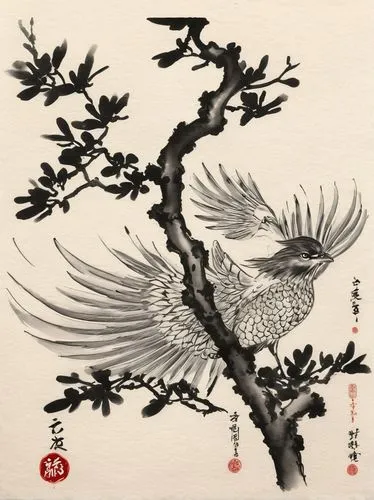 **Detailed Design,a bird sitting on top of a tree next to water,oriental painting,cool woodblock images,japanese art,ornamental bird,huijin,an ornamental bird,baishi,qingming,simurgh,confuciusornis,ka