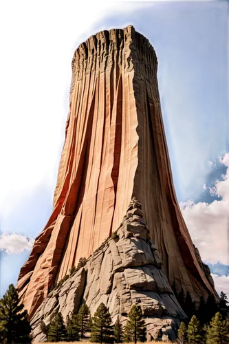 Devil's Tower, Wyoming, national monument, rock formation, unique shape, 865ft tall, narrow tower, wide base, rugged texture, brown-red color, dramatic cloudy sky, afternoon sun, warm lighting, low an