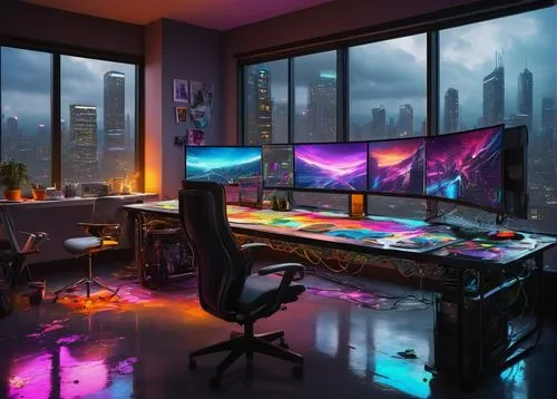 creative office,computer room,computer desk,desk,computer workstation,working space,modern office,game room,cyberpunk,blur office background,work space,workspace,study room,desk top,office desk,fractal design,home office,computer art,gamer zone,the living room of a photographer,Illustration,Vector,Vector 12