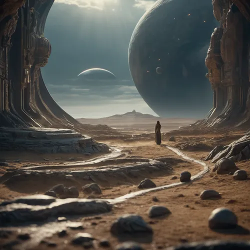 An advanced science fiction world appears before our eyes, 3000 years later,alien planet,futuristic landscape,alien world,stargate,desert planet,exoplanet,barren,viewing dune,fantasy landscape,dune,pl