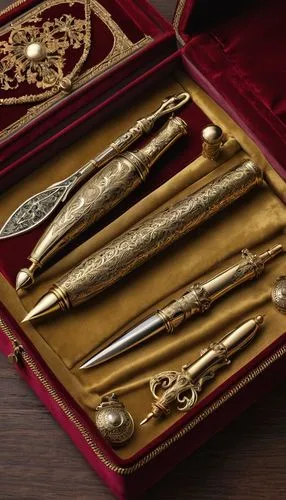 A set of ornately engraved brass writing instruments – pens, quills, inkwells – lie nestled within a velvet pouch, a treasured possession of a scholar residing in the castle. The polished metal gleams