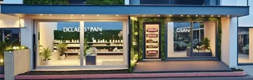 spa facade luxury beauty salon, well-stocked makeup store, luxury eyelash and nail art spa pleasant atmosphere with many plants bright sign
,a building that has two windows and lights in it,zoom gelse