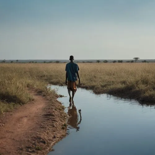 Paysage naturel, vue sur un lac bleu et au loin la silhouette d'un jeune homme africain qui marche.
,a man walks down the path to a watering hole,okavango,wateraid,karamoja,karamojong,karangwa,woman w