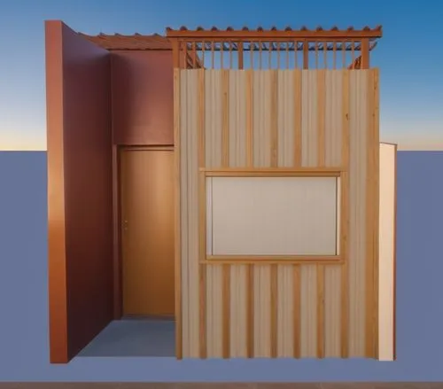 an open bathroom door to another room with wooden panels,sukkah,containerboard,chicken coop door,cardboard background,shipping container,wooden door,armoire,containerized,wooden sauna,sukkot,corrugate