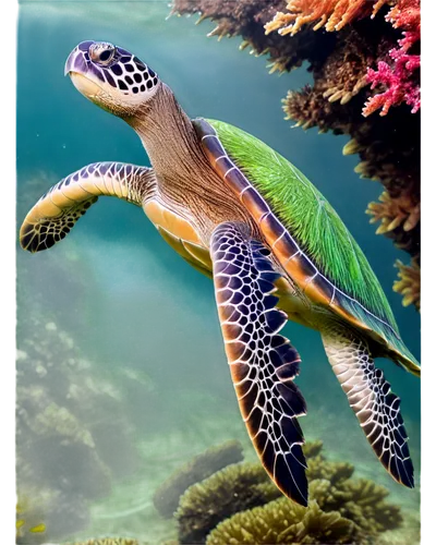 Sea turtle, green shell, fins up, swimming pose, coral reef background, ocean waves, seaweed, sunlight filtering through water, shallow depth of field, vibrant colors, close-up shot, detailed scales, 