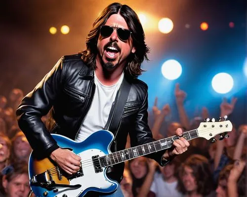 Dave Grohl, bobblehead, rockstar, messy brown hair, sunglasses, black leather jacket, white shirt, blue jeans, sneakers, microphone, guitar, energetic pose, live concert, spotlights, fog machines, exc