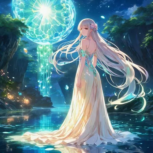 Visualize a (((heavenly paradise))), with a (((glowing river))) that mirrors the (((sky above))), where a (((pretty lady))) stands, dressed in a (((bioluminescent translucent dress))), her skin as (((