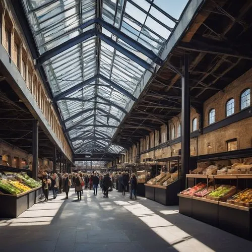 Dover Street Market, London, modern architecture, urban design, vibrant atmosphere, bustling streets, eclectic mix of stalls, glass roof, natural light, wooden accents, industrial chic, exposed ductwo