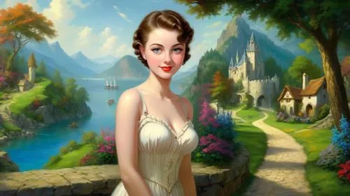 Masterpiece oil painting, fantasy exotic scenery, vast treacherous medieval European landscape, by Thomas Kinkade, by Bob Ross,maureen o'hara - female,fantasy picture,girl in a long dress,leighton,fon