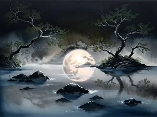 painting of the moon in a tree filled night sky,moonlit night,moonlit,moonglow,lunar landscape,fantasy picture,moon and star background,Illustration,Paper based,Paper Based 30