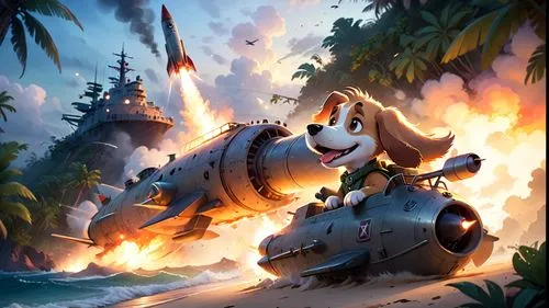 Dog riding a rocket, jet engine, headlight, smoke, fire, hound dog,bengal tiger,king of the jungle,royal tiger,tiber riven,adventurer,a tiger,forest king lion,amurtiger,water sports,tigerle,cg artwork