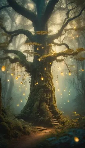 magic tree,fairy forest,enchanted forest,elven forest,autumn forest,haunted forest,forest tree,fairytale forest,foggy forest,fantasy picture,celtic tree,autumn fog,forest of dreams,oak tree,fantasy landscape,holy forest,light of autumn,druid grove,the roots of trees,the forest,Illustration,Realistic Fantasy,Realistic Fantasy 40