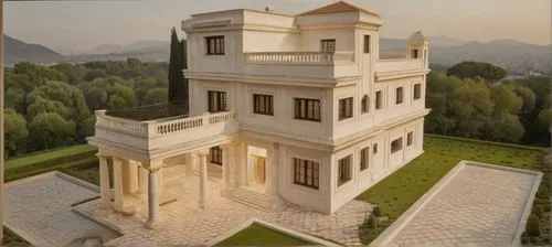 white classic villa with cornich and columin,classic entrance , classic fence thae landscape contains green spaces with swimming pool and childreen who play outside. around the building exist villas a