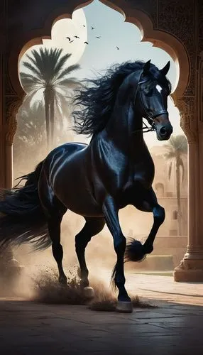 night, gardens in an arabian palace, a black horse in the darkness, it's mane fluttering in the wind,a large horse in the middle of a courtyard,arabian horse,arabian horses,thoroughbred arabian,arabia