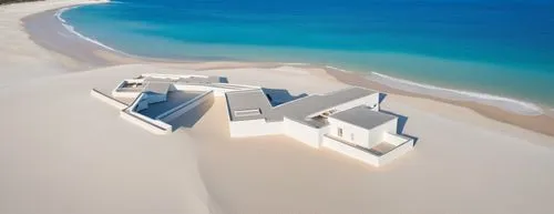 Modern hotel on the beach, white sand, sunny day, sea, white concrete, smooth edges, Zaha Hadid, modern architecture.,white sandy beach,dunes house,nantucket,beautiful beaches,dream beach,white sand b