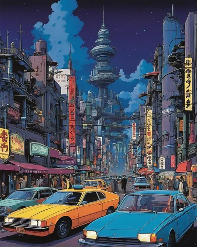 toyota ae85,tokyo city,tokyo,hyundai aero town,shanghai,80s,1980's,1980s,saturn s-series,fantasy city,kowloon,cityscape,shinjuku,nissan skyline,tokyo ¡¡,osaka,japanese icons,odaiba,futuristic landscape,honda concerto,Illustration,Japanese style,Japanese Style 14