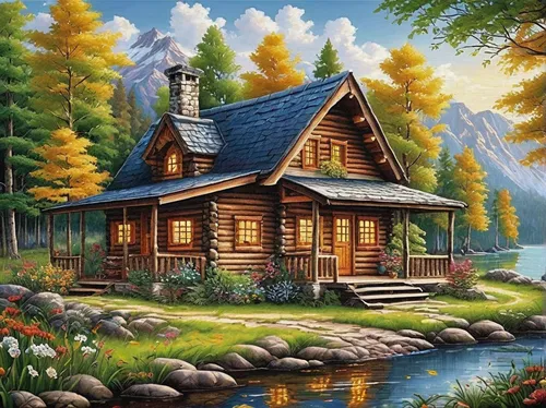 summer cottage,cottage,home landscape,small cabin,log cabin,country cottage,wooden house,little house,house in the forest,the cabin in the mountains,house in mountains,small house,house with lake,log home,lonely house,traditional house,fisherman's house,house in the mountains,beautiful home,wooden hut,Art,Classical Oil Painting,Classical Oil Painting 38