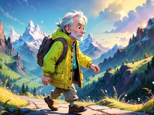 old man yellow clothes,cartoon,walking mountains,mountain guide,hiker,adventurer,the wanderer,geppetto,wanderer,mountaineer,hobbit,wander,world digital painting,traveler,the spirit of the mountains,ga