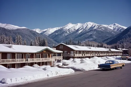 Write a description of a cozy and charming holiday motel nestled in a snowy mountain village.,kicking horse,lillooet,lower engadine,banff,british columbia,yukon territory,carcross,jasper national park