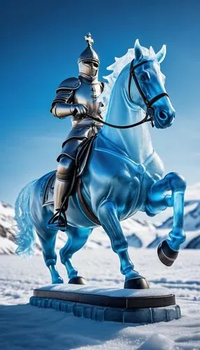 A lone chess knight, frozen mid-gallop, crafted from ice with a hint of blue glacial hues.,garrison,chatumongol,chinggis,shapur,scythians,cuirassier,cataphract,vikingskipet,cavalry,equestrian statue,c