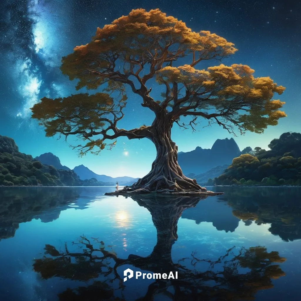 "cinematic fantasy landscape of centered magic ancient tree at lake at night, portal, reflection in lake, mirrored reflection!!!! starry sky!!!!", maximalist hyperdetailed fantasy masterwork by Kim Ju